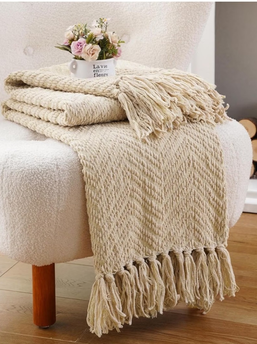 Cozy Cream Fringe Chenille Throw Blanket by Battilo 50x 60